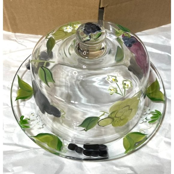 Hand Painted Clear Glass Covered Cheese Butter Dish w/ Grape Pattern - Picture 10 of 10